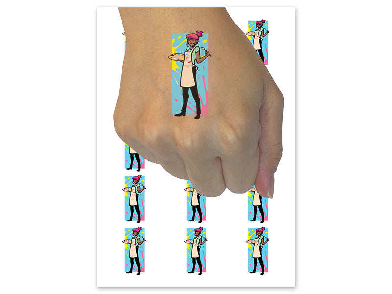 Artist Painter Woman With Paintbrush and Palette Temporary Tattoo Water Resistant Fake Body Art Set Collection (1 Sheet)