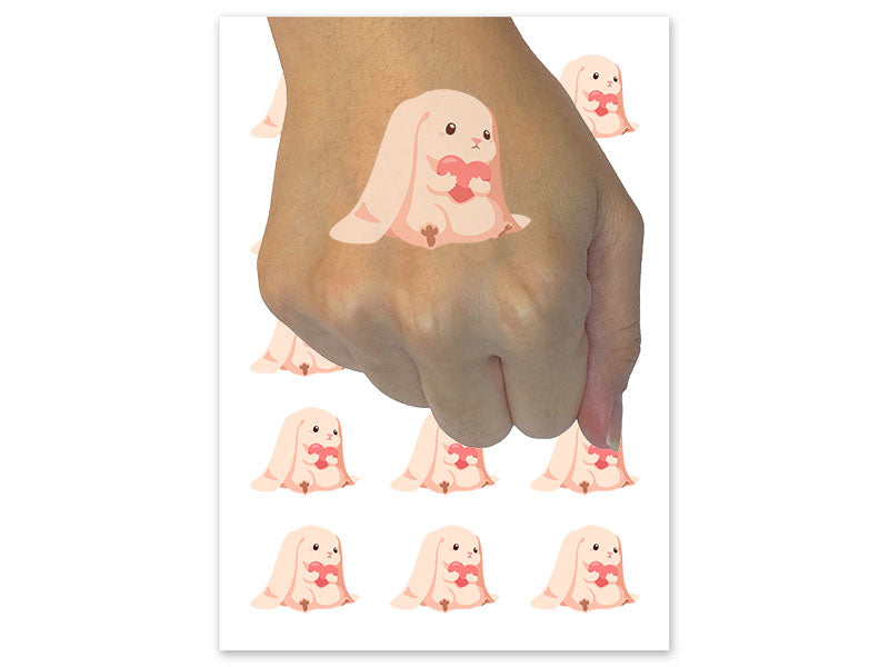 Adorable Bunny Rabbit Clutching Heart Long Ears Temporary Tattoo Water Resistant Fake Body Art Set Collection (1 Sheet)
