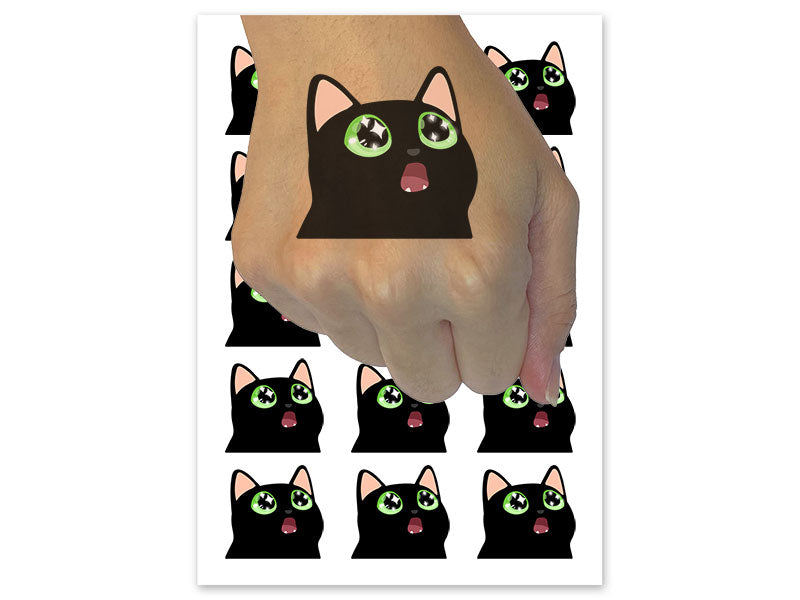 Amazed Cat with Sparkly Star Eyes Temporary Tattoo Water Resistant Fake Body Art Set Collection (1 Sheet)