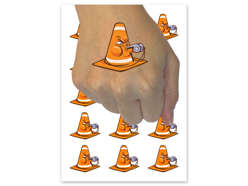 Angry Traffic Cone Blowing Whistle Temporary Tattoo Water Resistant Fake Body Art Set Collection (1 Sheet)