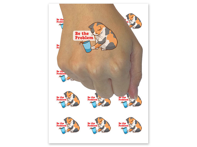Be The Problem Mischievous Calico Cat Pushing Cup Temporary Tattoo Water Resistant Fake Body Art Set Collection