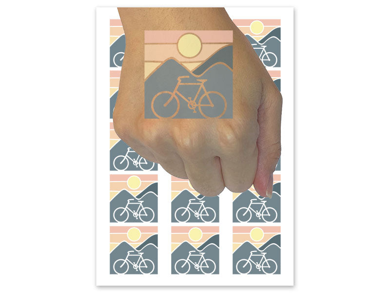 Bike Mountains Sunset Mountain Biking Cycle Temporary Tattoo Water Resistant Fake Body Art Set Collection (1 Sheet)