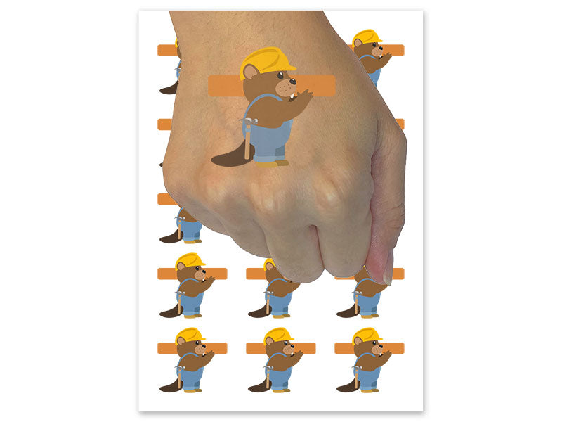 Builder Beaver Construction Worker with Beam Temporary Tattoo Water Resistant Fake Body Art Set Collection (1 Sheet)