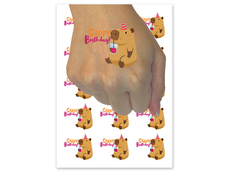 Cappy Happy Birthday Capybara Temporary Tattoo Water Resistant Fake Body Art Set Collection (1 Sheet)