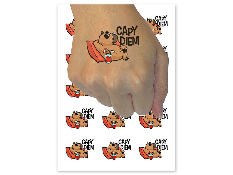 Carpe Diem Capybara Seize the Day Relaxing Temporary Tattoo Water Resistant Fake Body Art Set Collection (1 Sheet)