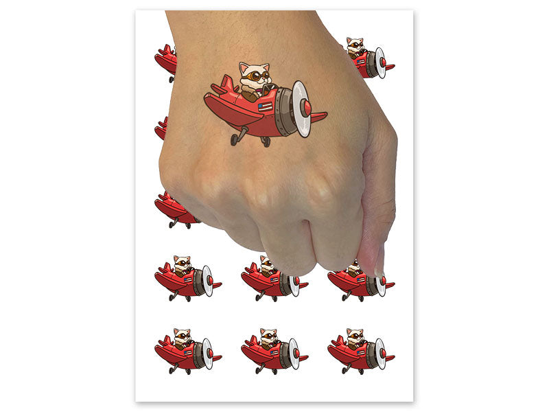 Cartoon Airplane Cat Pilot Aircraft Temporary Tattoo Water Resistant Fake Body Art Set Collection (1 Sheet)