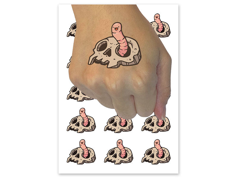 Cartoon Worm Sticking Out of Skull Bone Temporary Tattoo Water Resistant Fake Body Art Set Collection (1 Sheet)