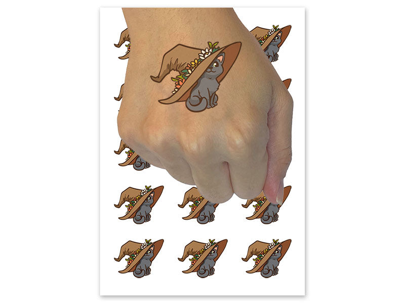 Cat with Garden Witch Hat Flowers Temporary Tattoo Water Resistant Fake Body Art Set Collection (1 Sheet)