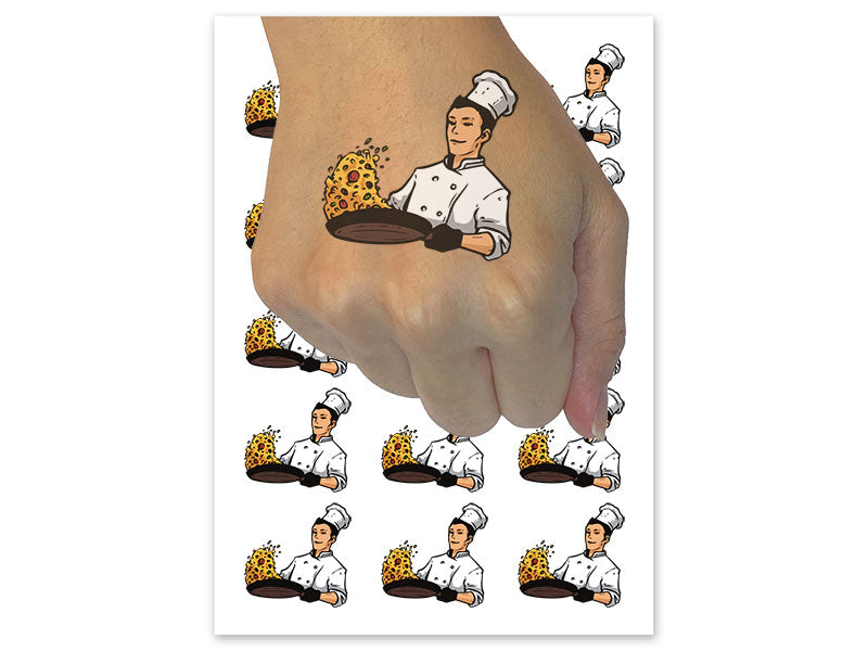 Chef Cook With Frying Pan Fried Rice Temporary Tattoo Water Resistant Fake Body Art Set Collection (1 Sheet)