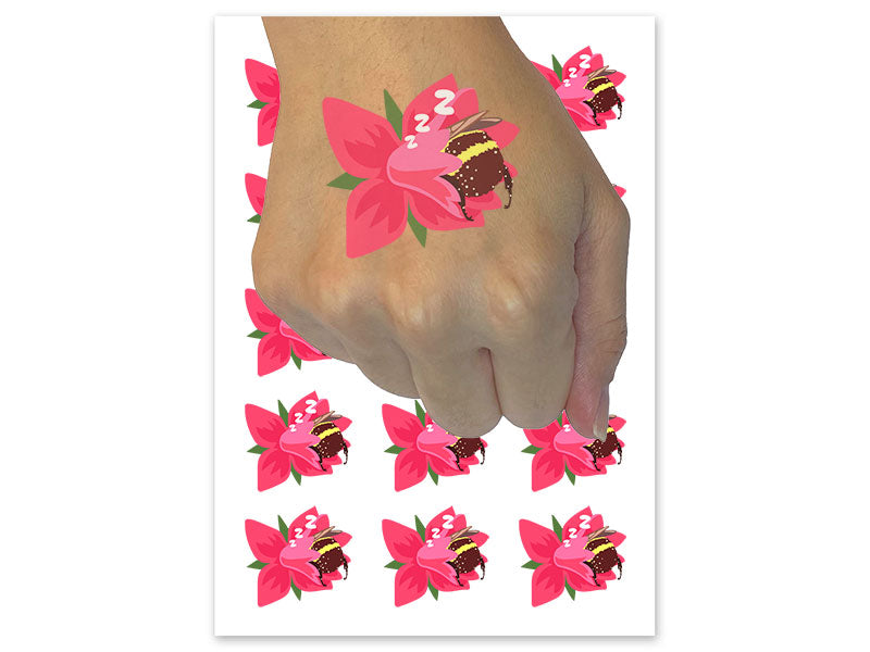 Chubby Bumblebee Sleeping In Flower Nap Temporary Tattoo Water Resistant Fake Body Art Set Collection (1 Sheet)