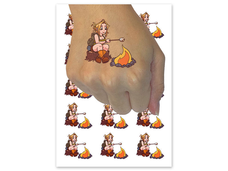 Cute Camper Girl Roasting Marshmallows Camping Fire Temporary Tattoo Water Resistant Fake Body Art Set Collection