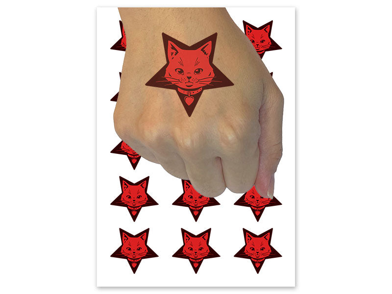 Cute Demonic Kitten Cat in Star Pentagram Temporary Tattoo Water Resistant Fake Body Art Set Collection (1 Sheet)