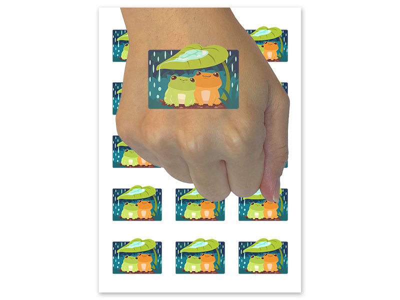 Cute Frog Couple Hiding From Rain Temporary Tattoo Water Resistant Fake Body Art Set Collection (1 Sheet)