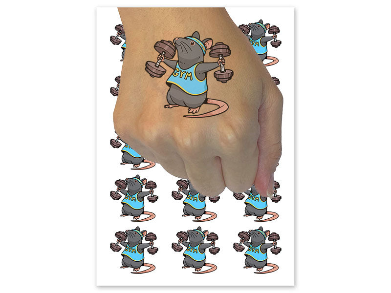 Cute Funny Gym Rat with Dumbbells and Sweatband Rodent Temporary Tattoo Water Resistant Fake Body Art Set Collection