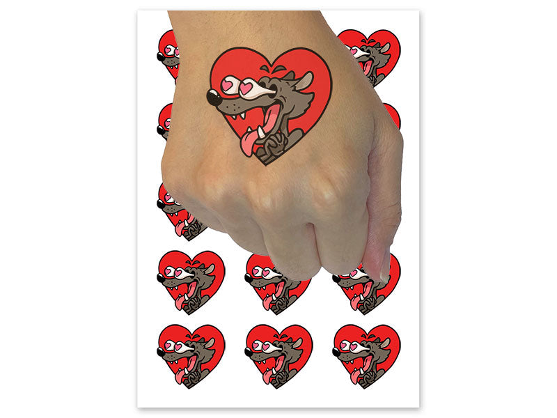 Enamored Infatuated Cartoon Wolf Heart Popping Eyes Temporary Tattoo Water Resistant Fake Body Art Set Collection