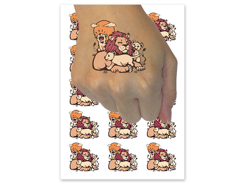 Father Lion with Pride Cubs Temporary Tattoo Water Resistant Fake Body Art Set Collection (1 Sheet)