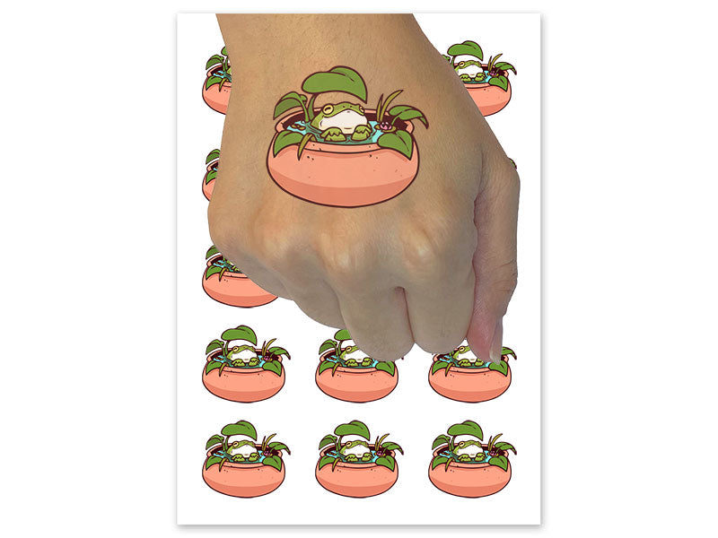 Flourishing Moisturized Happy Frog In Clay Jar Temporary Tattoo Water Resistant Fake Body Art Set Collection (1 Sheet)