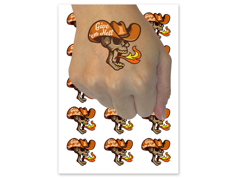 Give 'Em Hell Cowboy Hat Skull Breathing Fire Temporary Tattoo Water Resistant Fake Body Art Set Collection (1 Sheet)