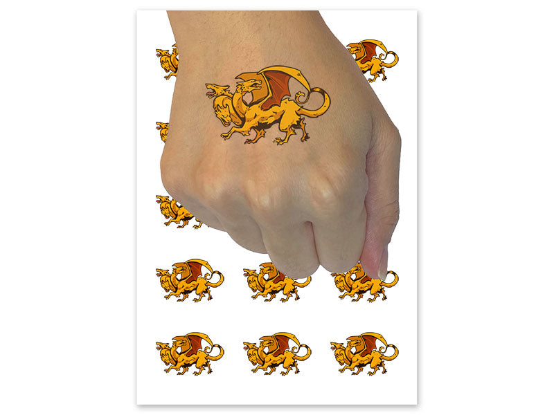 Gold Three Headed Dragon Heraldric Mythical Creature Temporary Tattoo Water Resistant Fake Body Art Set Collection