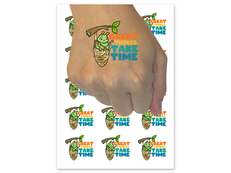 Great Things Take Time Caterpillar Knitting Coccoon Temporary Tattoo Water Resistant Fake Body Art Set Collection