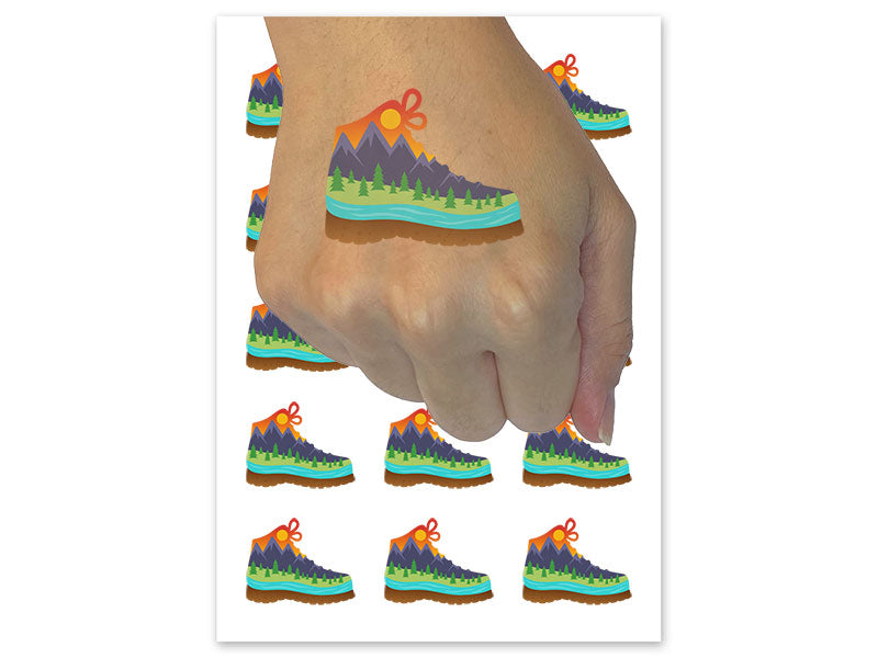 Hiking Boot Mountain Scene Temporary Tattoo Water Resistant Fake Body Art Set Collection (1 Sheet)