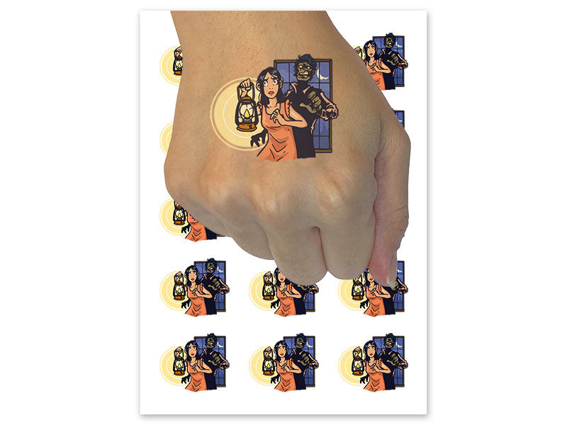 Horror Movie Girl with Lamp Zombie Monster Temporary Tattoo Water Resistant Fake Body Art Set Collection (1 Sheet)