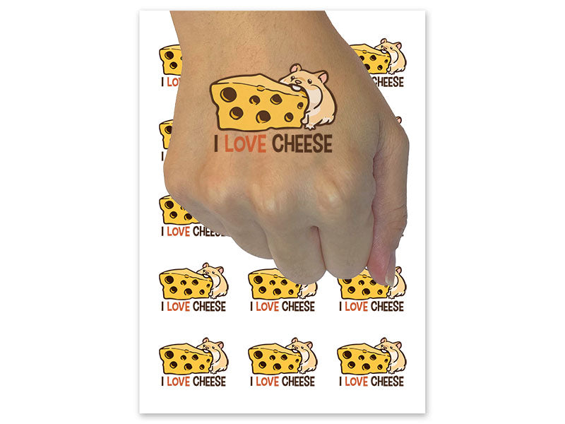 I Love Cheese Hamster with Swiss Cheese Temporary Tattoo Water Resistant Fake Body Art Set Collection (1 Sheet)