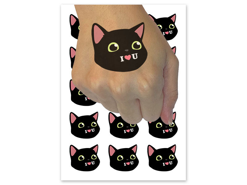 I Love You Black Cat Heart Tongue Cute Pet Temporary Tattoo Water Resistant Fake Body Art Set Collection (1 Sheet)