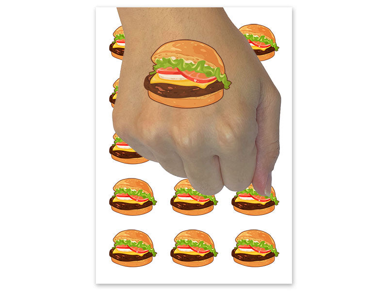 Juicy Hamburger Cheeseburger Fast Food Temporary Tattoo Water Resistant Fake Body Art Set Collection (1 Sheet)