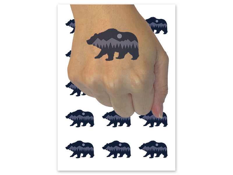 Mountain Scene Bear Silhouette Temporary Tattoo Water Resistant Fake Body Art Set Collection (1 Sheet)