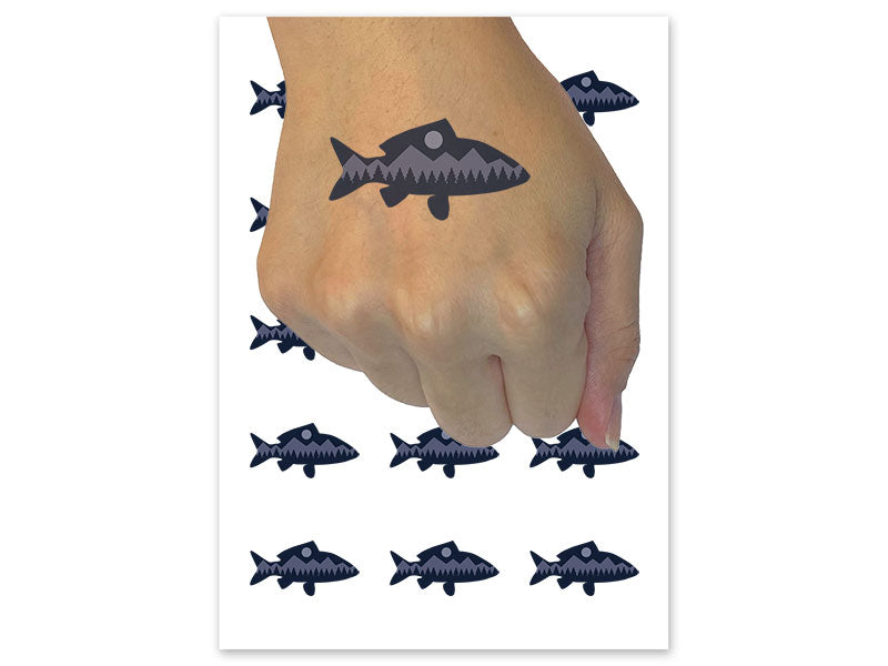Mountain Scene Fish Silhouette Temporary Tattoo Water Resistant Fake Body Art Set Collection (1 Sheet)