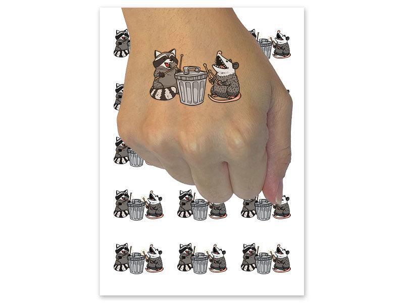 Raccoon and Opossum Drumming on Trash Can Temporary Tattoo Water Resistant Fake Body Art Set Collection (1 Sheet)