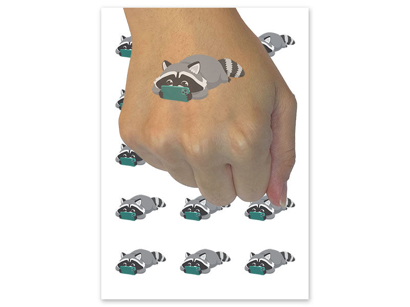 Raccoon Playing Watching Video Games on Phone Temporary Tattoo Water Resistant Fake Body Art Set Collection (1 Sheet)