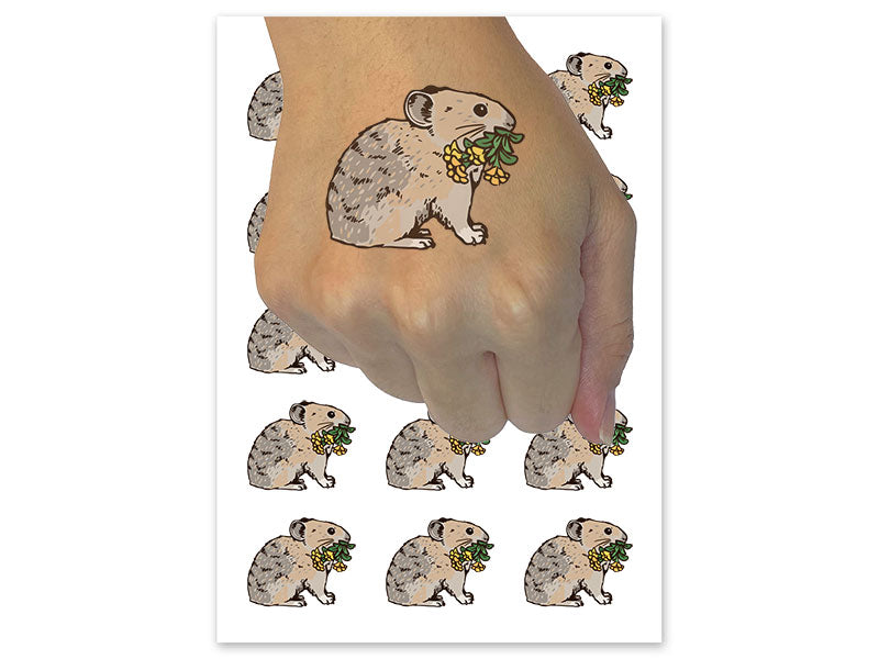 Realistic American Pika Gathering Flowers Temporary Tattoo Water Resistant Fake Body Art Set Collection (1 Sheet)