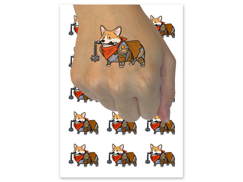 Sir Corgnelius Brave Corgi Dog Knight Flail Temporary Tattoo Water Resistant Fake Body Art Set Collection (1 Sheet)
