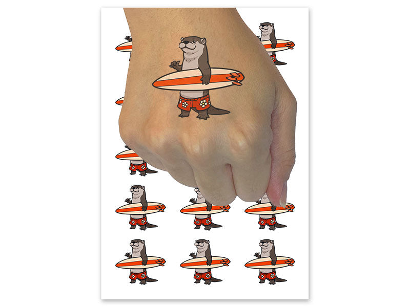 Surfer Otter with Surfboard Shaka Hand Temporary Tattoo Water Resistant Fake Body Art Set Collection (1 Sheet)