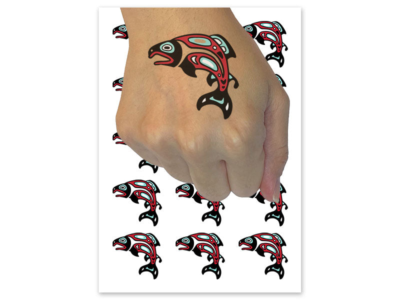 Tribal Native American Salmon Fish Totem Temporary Tattoo Water Resistant Fake Body Art Set Collection (1 Sheet)