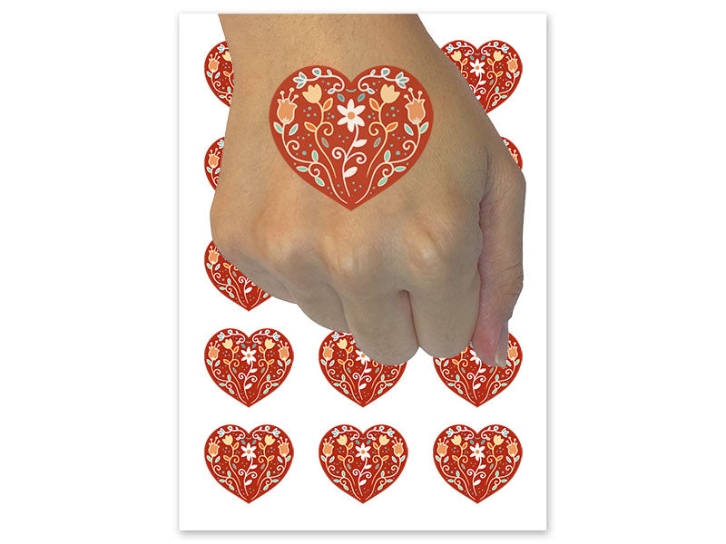 Warm Heart With Floral Flower and Vine Pattern Temporary Tattoo Water Resistant Fake Body Art Set Collection (1 Sheet)