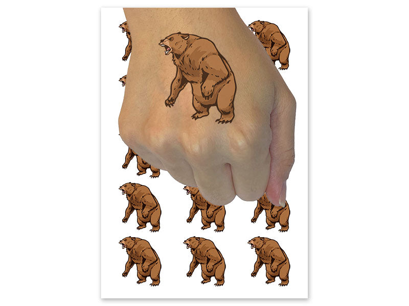 Angry Grizzly Bear Standing and Roaring Temporary Tattoo Water Resistant Fake Body Art Set Collection (1 Sheet)