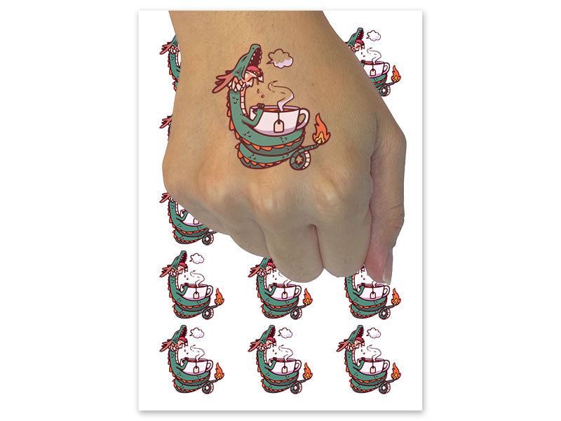 Asian Dragon Enjoying Cup of Tea Temporary Tattoo Water Resistant Fake Body Art Set Collection (1 Sheet)