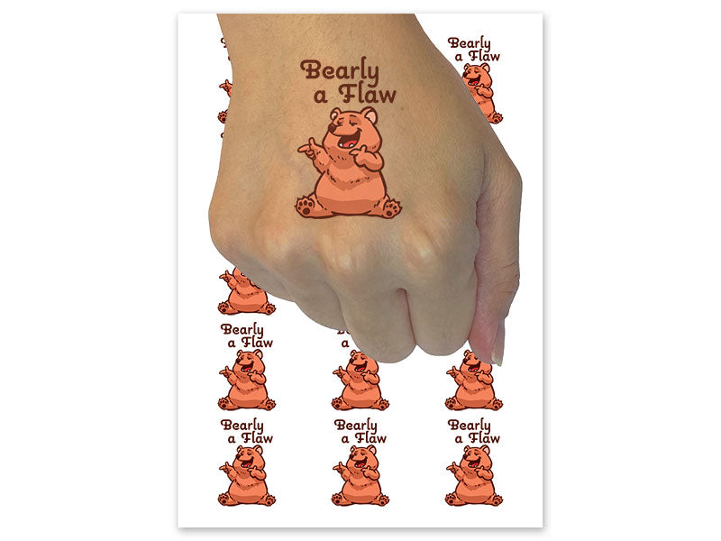 Barely A Flaw Funny Compliment Cartoon Bear Temporary Tattoo Water Resistant Fake Body Art Set Collection (1 Sheet)