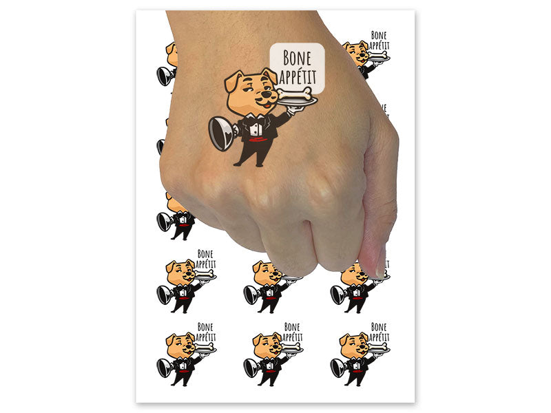Bone Appetit Cute Cartoon Dog Waiter Temporary Tattoo Water Resistant Fake Body Art Set Collection (1 Sheet)