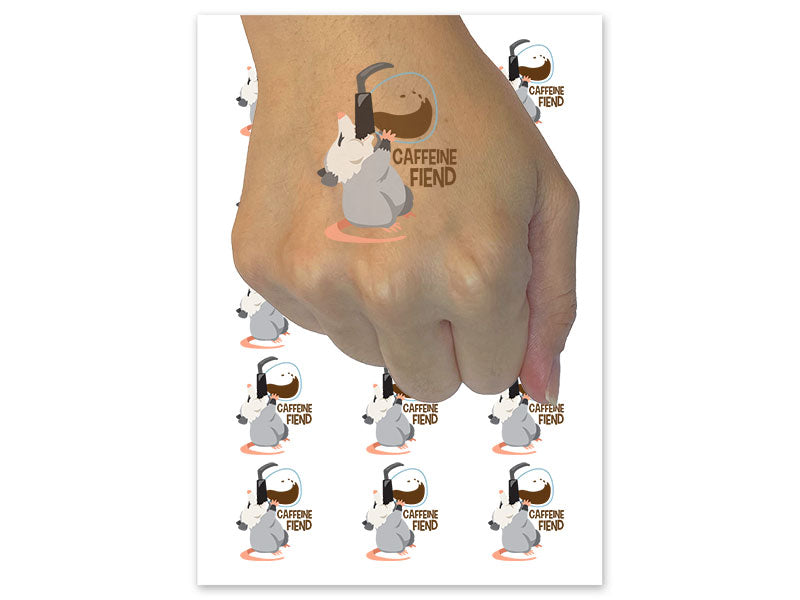 Caffeine Fiend Opossum Coffee Pot Temporary Tattoo Water Resistant Fake Body Art Set Collection (1 Sheet)