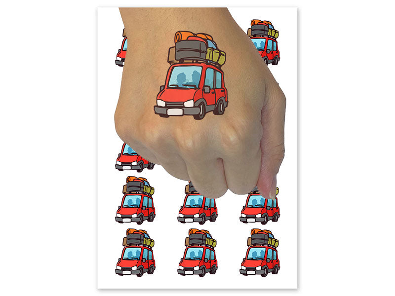 Car with Luggage Moving Vacation Road Trip Temporary Tattoo Water Resistant Fake Body Art Set Collection (1 Sheet)