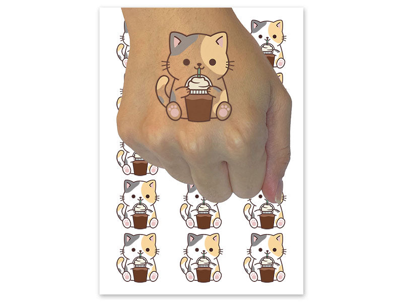 Cat Drinking Coffee Temporary Tattoo Water Resistant Fake Body Art Set Collection (1 Sheet)