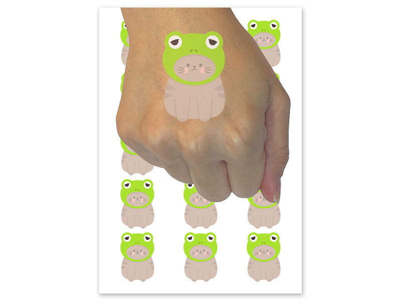 Cat in Frog Hat Temporary Tattoo Water Resistant Fake Body Art Set Collection (1 Sheet)