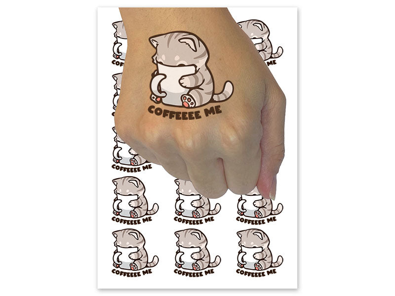 Coffee Me Cute Cat Drinking from Mug Temporary Tattoo Water Resistant Fake Body Art Set Collection (1 Sheet)