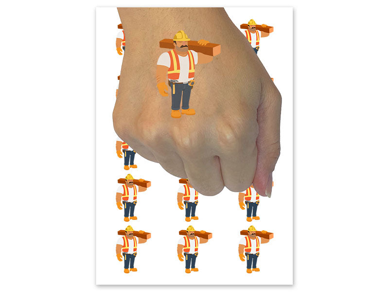 Construction Worker Builder Man with Wooden Beam Temporary Tattoo Water Resistant Fake Body Art Set Collection (1 Sheet)