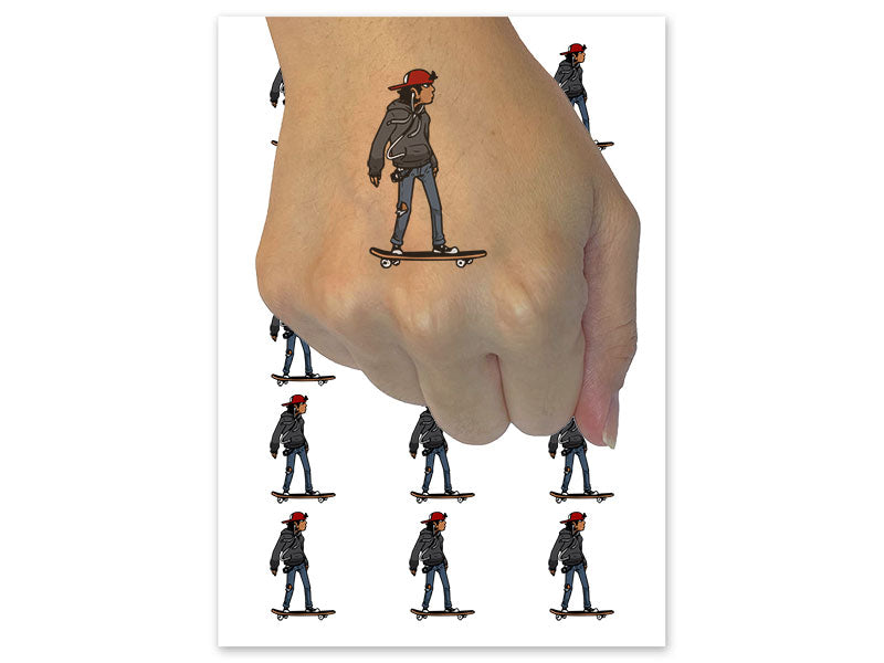 Cool Teenager on Skateboard Temporary Tattoo Water Resistant Fake Body Art Set Collection (1 Sheet)