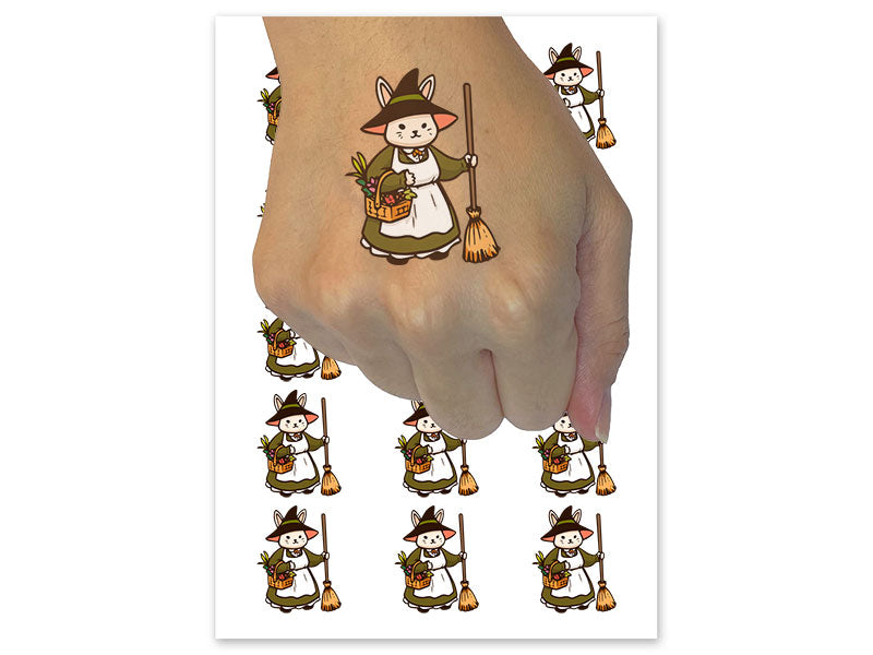 Cottage Witch Bunny Rabbit with Broom Temporary Tattoo Water Resistant Fake Body Art Set Collection (1 Sheet)